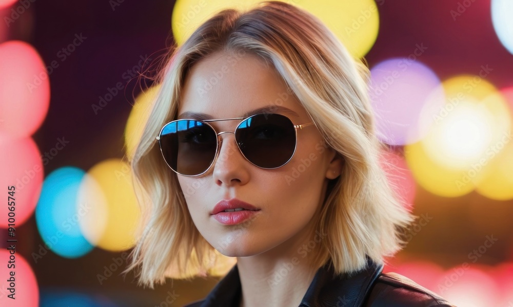 Pretty blond woman in sunglasses posing on neon background or backdrop. Night club concept. Generative AI Pretty blond woman in sunglasses posing on neon background or backdrop. Night club concept. Generative AI
