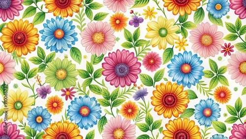 Seamless pattern with colorful flowers on a white background, floral, seamless, design, repeat, nature, spring, summer