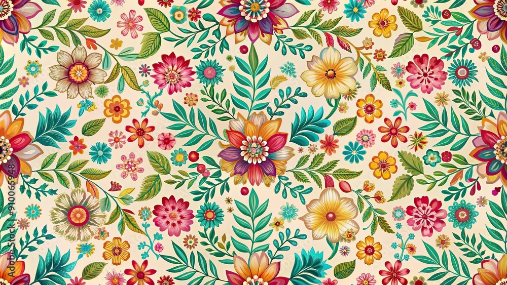 Seamless pattern featuring vibrant floral motifs on a light background, floral, colorful, repeating, texture, design Seamless pattern featuring vibrant floral motifs on a light background, floral, colorful, repeating, texture, design