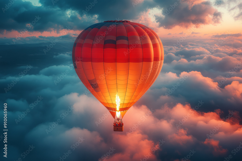 Clean and modern image of a hot air balloon surrounded by clouds illuminated in a rainbow of colors, Clean and modern image of a hot air balloon surrounded by clouds illuminated in a rainbow of colors,