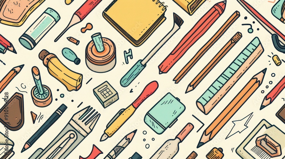 A seamless pattern featuring various graphic design tools. A seamless pattern featuring various graphic design tools.