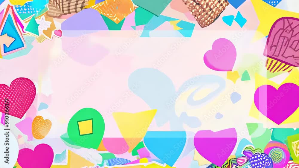 Pastel kidzcore style background decorated with colorful hearts, geometric shapes and fun patterns