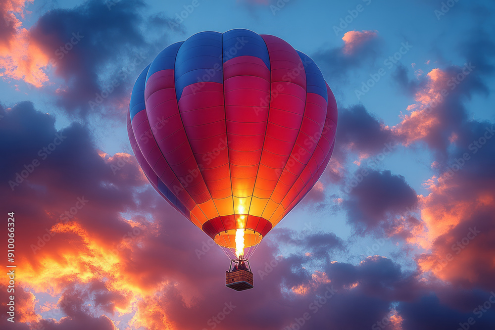 Fototapeta premium Abstract representation of a hot air balloon with clouds illuminated in bold, dynamic colors,