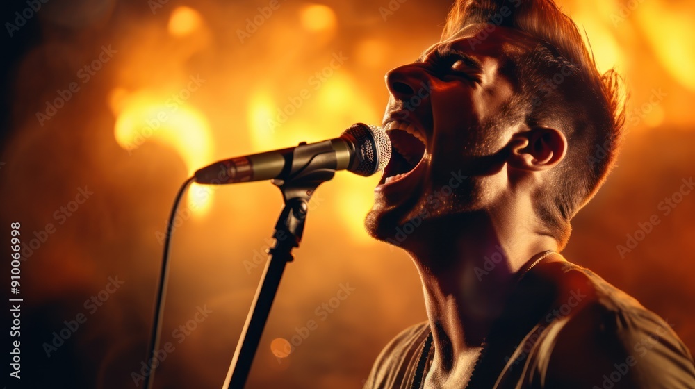 Rock singer man passionately singing into microphone 