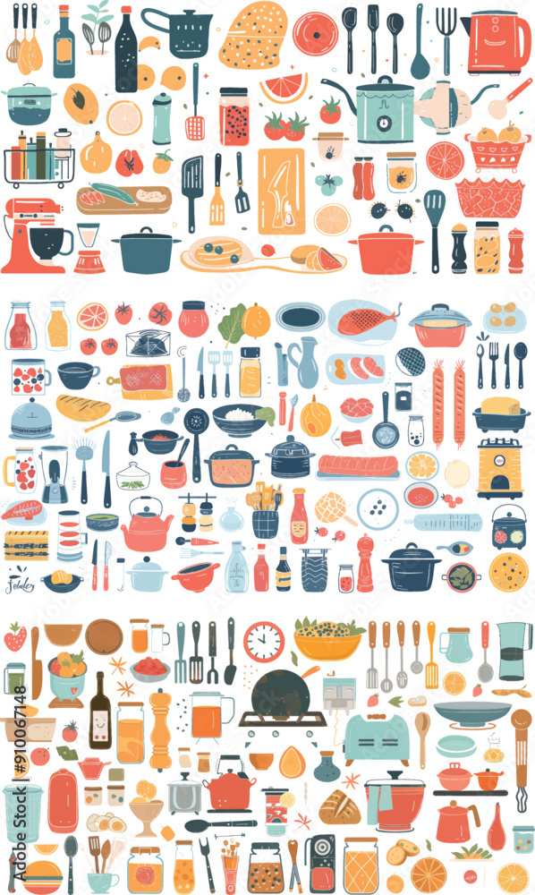 Fototapeta premium Crockery and ingredients for the kitchen. Coffee maker, stove, spoon knife, vegetables sandwiches, pizza, and cookies.