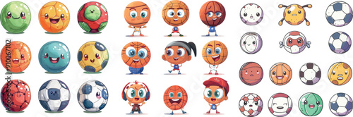 The neoteric modern set of children's mascots has funny and emotional sport balls in a variety of poses. Sporty characters are doing selfies, training, crying, and being happy.