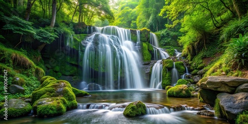 A beautiful waterfall cascading down rocks in a lush green forest setting, waterfall, forest, nature, cascading, rocks