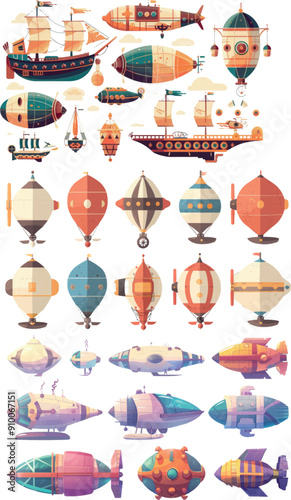 In old style, colourful aircraft and dirigibles. Airships neoteric modern clipart, vintage aircraft and dirigibles.