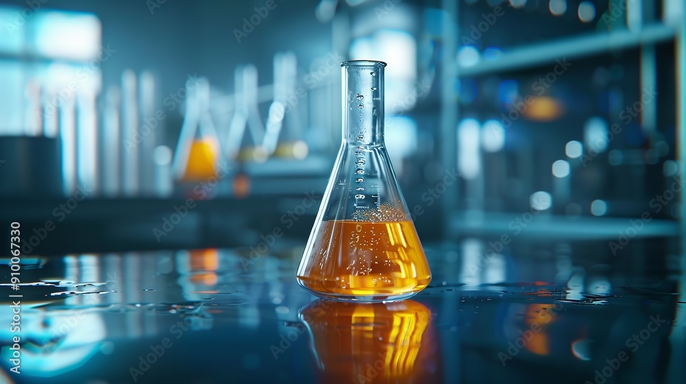 Orange Solution in Science Glass Flask in Blue Chemistry Lab Orange Solution in Science Glass Flask in Blue Chemistry Lab