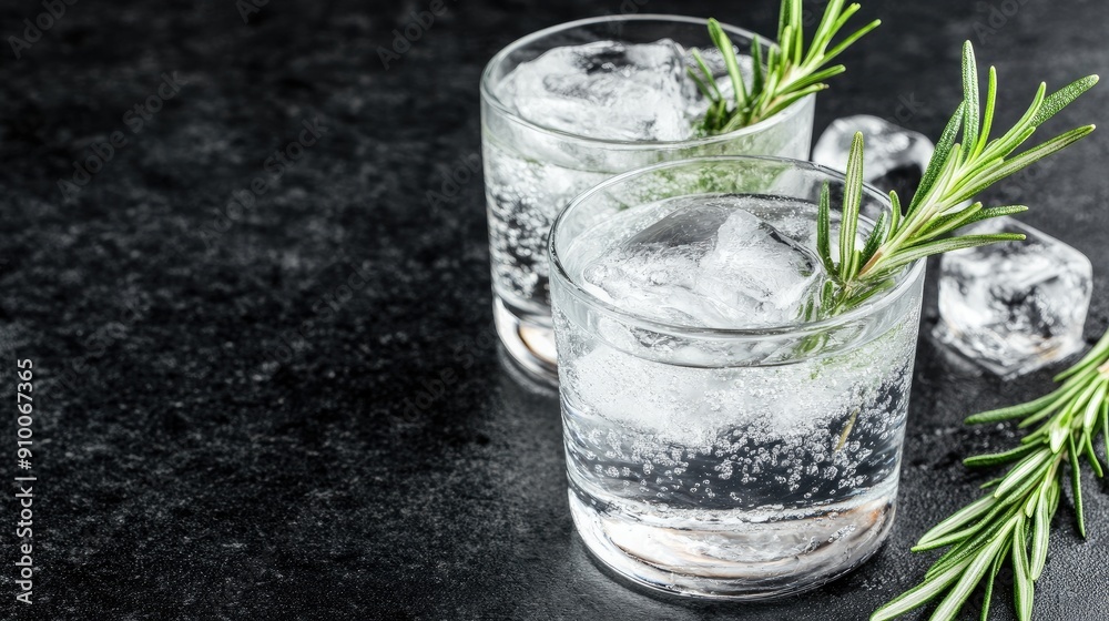 Two glasses of sparkling water topped with fresh rosemary sprigs, accompanied by ice cubes against a dark, textured background Two glasses of sparkling water topped with fresh rosemary sprigs, accompanied by ice cubes against a dark, textured background
