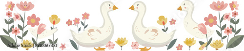 A print featuring adorable geese in floral patterns. A spring summer season design of tiny flowers and branches. A modern background on a modern day.
