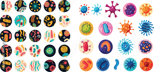 Infection neoteric modern set with numerous bacteria, microbes and viruses. Biology and microbiology research elements.