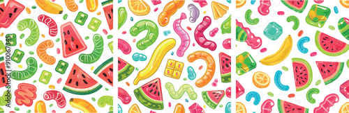 Smooth seamless pattern. Color sweet candies, chewy gummies of various tastes. Fruit candy dessert. Graphic design for fabric, modern neoteric environment.