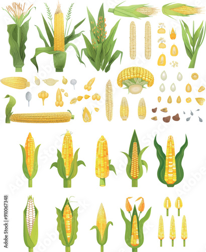 A corn plant with spikelets, corn cobs and grains. A market product for agriculture. A blend of harvest seasonal raw, food neoteric modern cartoon images.