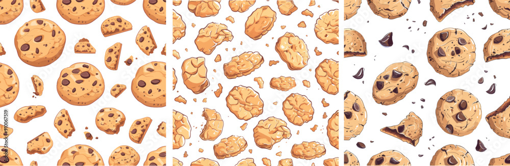 A seamless pattern of oatmeal cookies. A cookie with chocolate crumbs and broken bakery elements. A sweet dessert print with a neoteric modern background. A seamless pattern of oatmeal cookies. A cookie with chocolate crumbs and broken bakery elements. A sweet dessert print with a neoteric modern background.