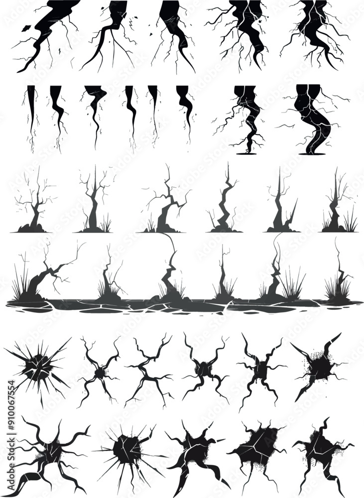 Naklejka premium A set of lightning silhouettes. Monochrome zapping thunder storms. Icons of black tree roots. Nature weather elements in modern compositions.