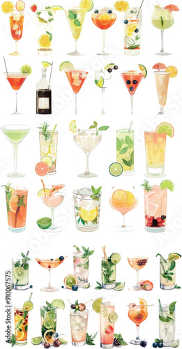 Set of summer cocktails. A collection of alcoholic beverages with fruit and berries in different glasses. Isolated cartoon design.