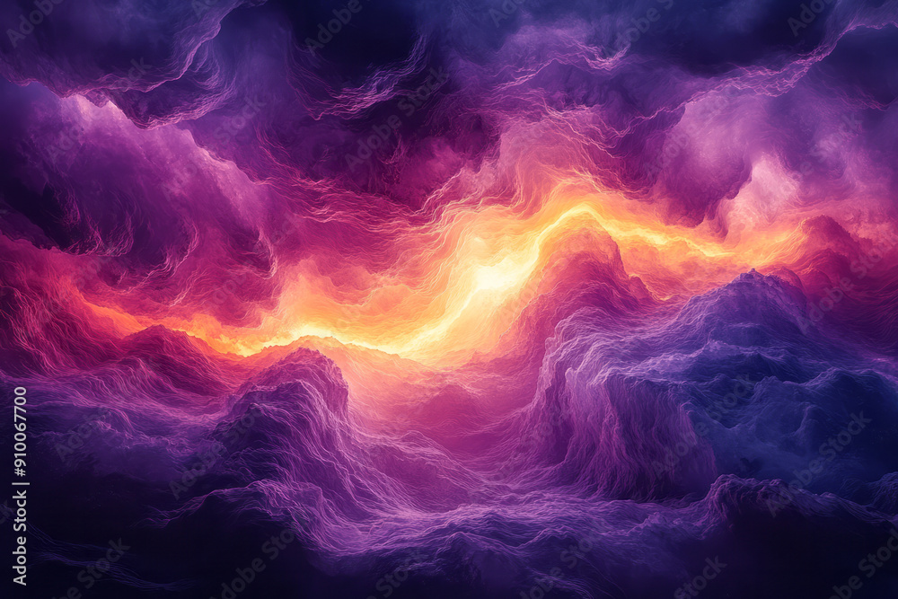 Abstract representation of a sunrise in a digital world, with swirling purple terrain beneath, Abstract representation of a sunrise in a digital world, with swirling purple terrain beneath,