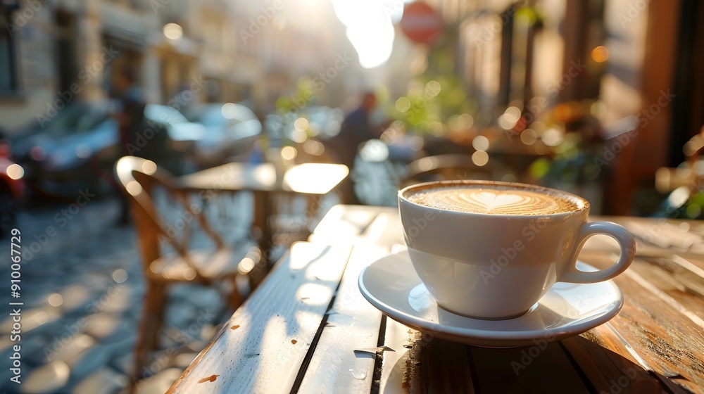 Obraz premium Cup of coffee on a sunny terrace with a view of a bustling city street