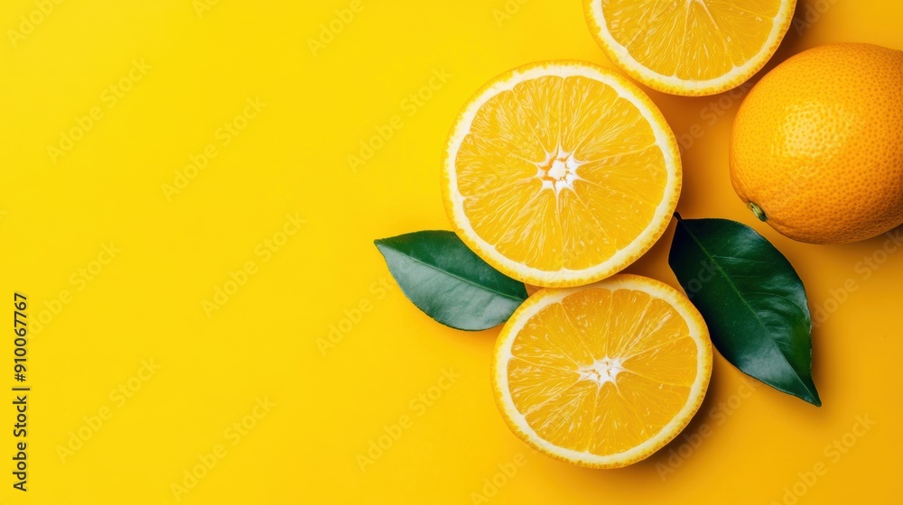 Fresh citrus oranges on vibrant yellow background Fresh citrus oranges on vibrant yellow background