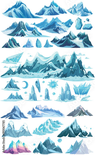 Snowy mountain slopes. Hill top icebergs. Outdoor landscape elements. Camping or hiking concept. Modern collection.