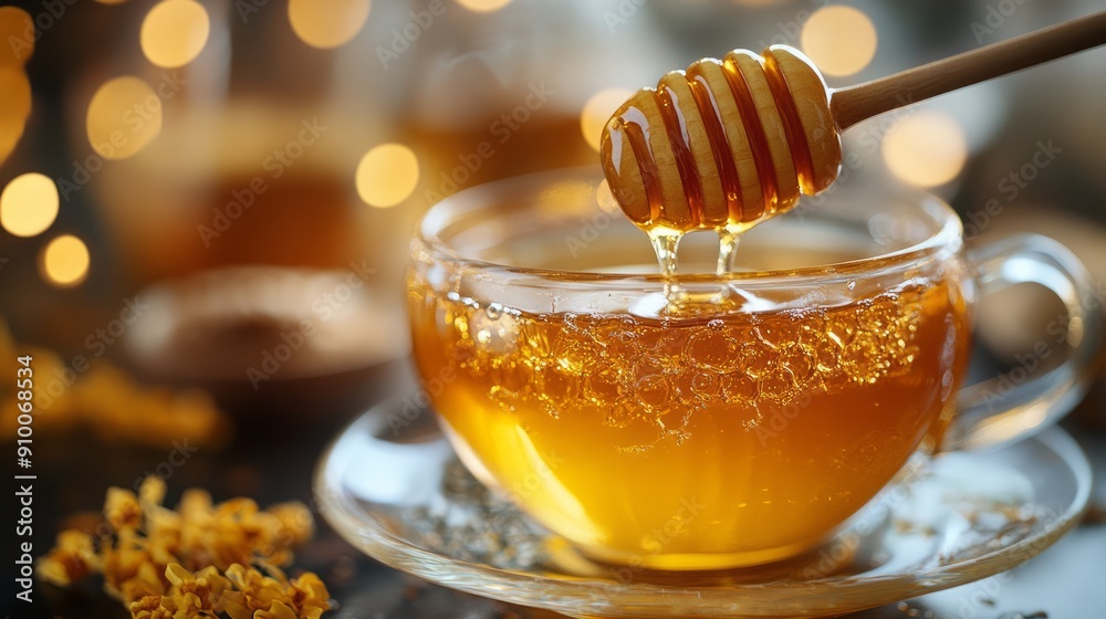 Stunning 8k image of honey being stirred into a cup of hot tea, highlighting the soothing and natural sweetness of honey. Stunning 8k image of honey being stirred into a cup of hot tea, highlighting the soothing and natural sweetness of honey.