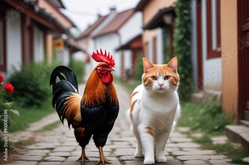 A cat and a rooster are walking along a village road.