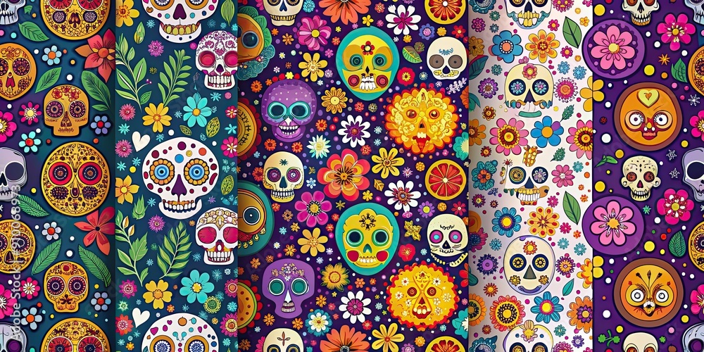 Colorful seamless patterns with Day of the Dead and Halloween elements, Day of the Dead, Dia De Muertos, Halloween Colorful seamless patterns with Day of the Dead and Halloween elements, Day of the Dead, Dia De Muertos, Halloween