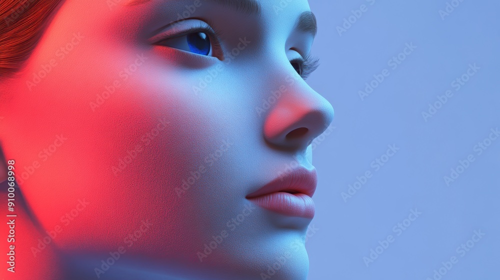 Futuristic portrait of woman in blue red lighting Futuristic portrait of woman in blue red lighting