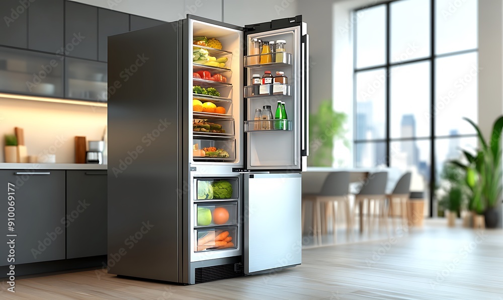 Energy-Efficient Refrigerator Slightly Open Showing Organized Food Storage in Sleek Kitchen Setting Energy-Efficient Refrigerator Slightly Open Showing Organized Food Storage in Sleek Kitchen Setting