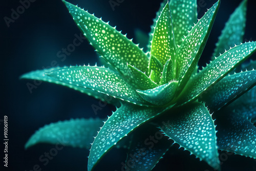 Realistic image of aloe leaves with neon green outlines, casting an ethereal glow on a dark background,