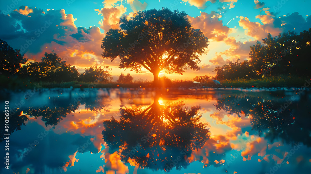 Sunset Reflection on a Still Lake with a Tree Illustration
