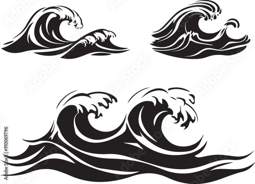 Silhouette of water wave vector icon, Wave beach vector symbol, Set of sea wave logo in black
