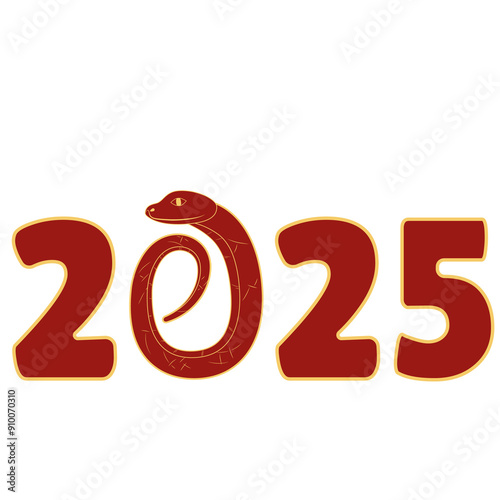 Chinese 2025 Red and Gold Contour New Year Numeric. Zodiac Asia Snake