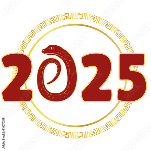 Chinese 2025 Red and Gold Contour New Year Numeric. Zodiac Asia Snake with Gradient Circle Ornament