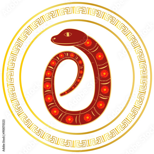 Chinese 2025 Red New Year Zodiac Asia Snake with Gradient Circle Gold Ornament