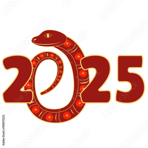 Chinese 2025 Red New Year Numeric. Zodiac Asia Snake with Ornament