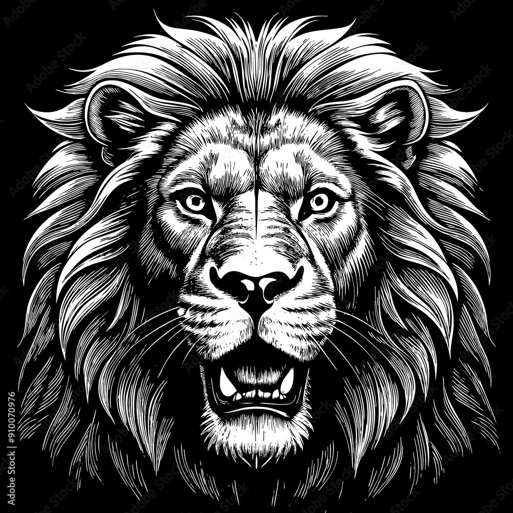 A fierce lion head with a mane, art, engraving A fierce lion head with a mane, art, engraving