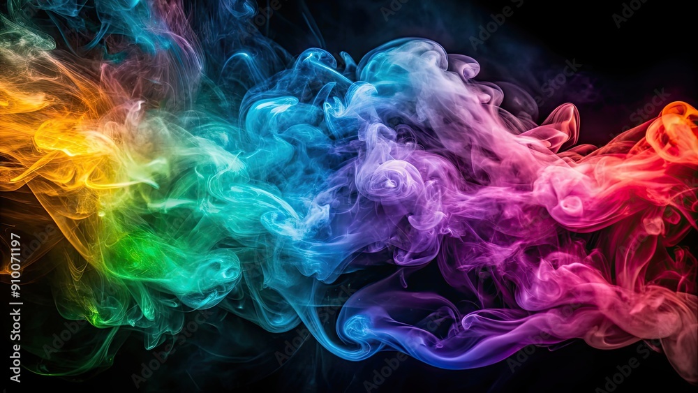 Close-up of abstract multicolored smoke on a dark background, smoke, abstract, colorful, vibrant, close-up, texture, ethereal