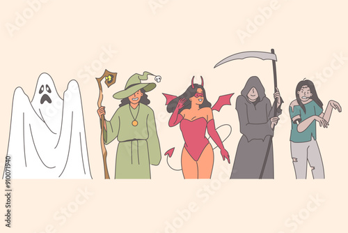 Halloween costumes for men and women dressed up as ghost and witch or sorcerer and grim reaper