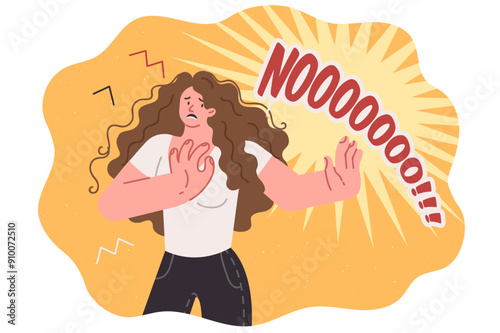 Frightened woman screams no, resisting discrimination and trying to stop unacceptable actions