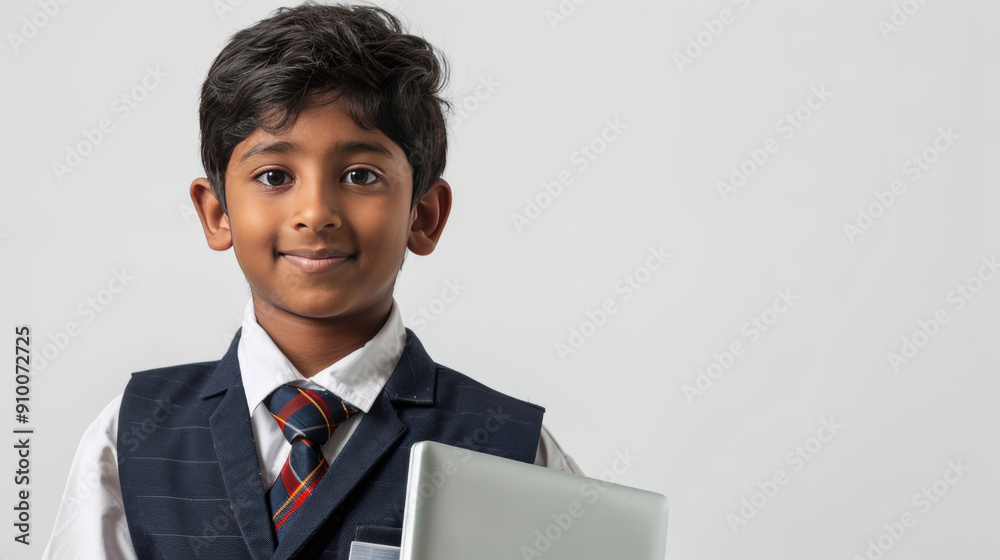 Portrait of a young indian schoolboy smiling while holding a laptop, dressed in his school uniform Portrait of a young indian schoolboy smiling while holding a laptop, dressed in his school uniform