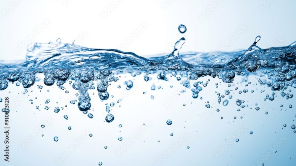 Crisp blue water splash with bubbles on white background Crisp blue water splash with bubbles on white background