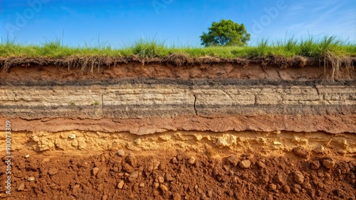 Cross-section view of brown soil layer with weathered sediment strata and clay bedding , soil, clay, bedding, sediment