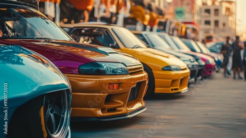 A lineup of vibrant sports cars showcased during sunset in a bustling city, attracting onlookers and car enthusiasts alike.