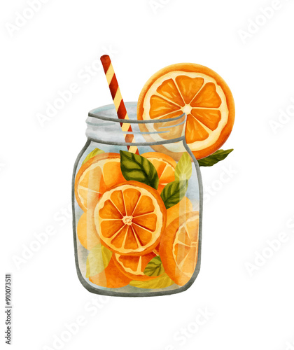 Watercolor refreshing orange lemonade in jar photo