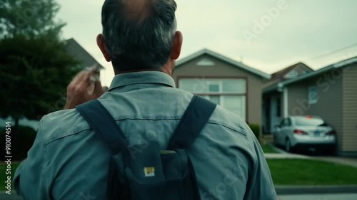 A man approaches a charming home in a quiet neighborhood under a cloudy sky, suggesting a peaceful evening stroll photo