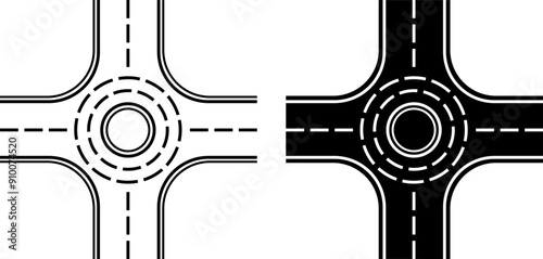 Roundabout Icons. Black and White Vector Icons. One-Way Road Around. Roundabout Intersection. Road Concept