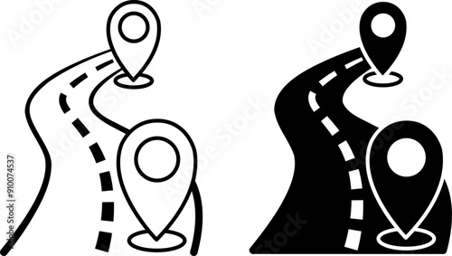 Route Icons. Black and White Vector Icons. Road and Distance Measurement. Navigation, Location. Road Concept