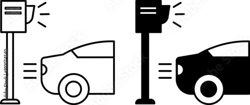 Speed ​​Camera Icons. Black and White Vector Icons. Speed ​​Camera On and Fast Moving Car. Road Safety Camera. Road Concept